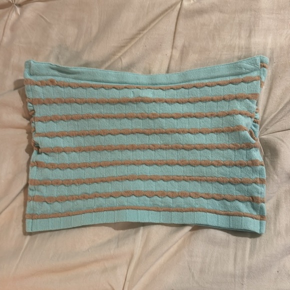 AERIE medium Blue tan Cropped Twist Front Sweater Tube Top Stretch Keyhole - Picture 2 of 3